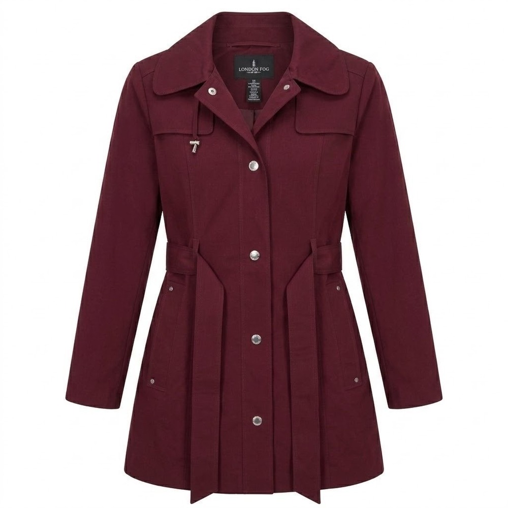 London Fog Womens MEDIUM Burgundy Hooded Belted Rain Jacket Trench Coat